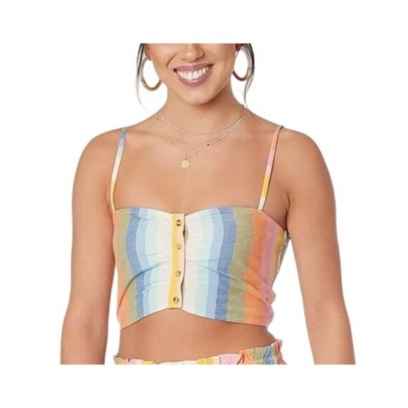 BILLABONG Let’s Go Crop Cami Tank Top Sz L Rainbow Striped Cotton Linen Rayon - Picture 1 of 11